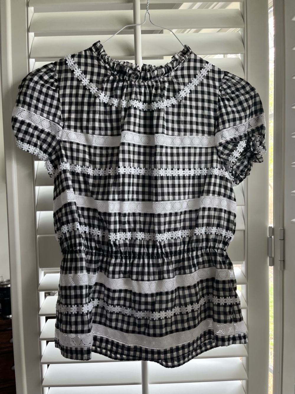 Black & White Gingham Lace-Trim J. Crew Peplum Top